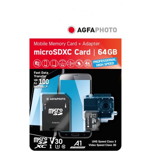 AgfaPhoto MicroSDXC UHS-I   64GB High Speed C10 U3 V30 + Adapter (10582A1)