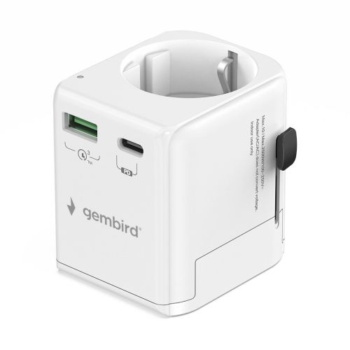 Gembird TPA-EU1A1C20-01-W Grounded universal travel power adapter, 20 W, white (TPA-EU1A1C20-01-W)