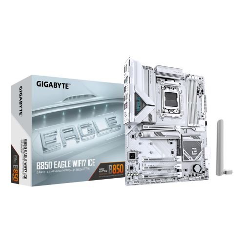 GIGABYTE B850 EAGLE WIFI7 ICE Motherboard - AMD Ryzen 9000 Series CPUs, 8+2+2 Phases Digital VRM, up to 8200MHz DDR5 (OC), 1xPCIe 5.0 + 2xPCIe 4.0 M.2, WIFI 7, 2.5 GbE LAN, USB 3.2 Gen 2 (B850 EAGLE WF7 ICE)