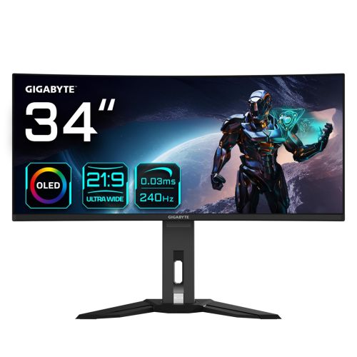 GIGABYTE MO34WQC2 34" OLED WQHD Curved Gaming Monitor - 3440 x 1440, 240Hz, 0.03ms, KVM, 250 cd/m², FreeSync Premium Pro, DisplayHDR True Black 400, HDMI 2.1, Displayport 1.4 (MO34WQC2)