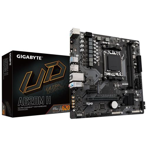 GIGABYTE A620M H Motherboard - Supports AMD Ryzen 8000 CPUs, 5+2+2 Phases Digital VRM, up to 7200MHz DDR5 (OC), 1xPCIe 4.0 M.2, GbE LAN, USB 3.2 Gen 1 (A620M H)