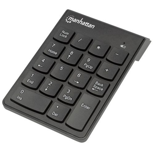 Manhattan Numeric Keypad, Wireless (2.4GHz), USB-A Micro Receiver, 18 Full Size Keys, Black, Membrane Key Switches, Auto Power Management, Range 10m, AAA Battery (included), Windows and Mac, Three Year Warranty, Blister (178846)