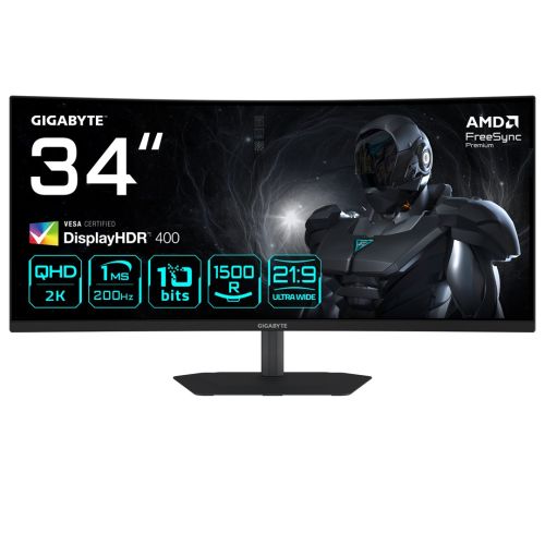 GIGABYTE G34WQC2 34” WQHD Curved Gaming Monitor - 3440 x 1440, 1500R, 200Hz, 1ms, 450 cd/m2, AMD FreeSync Premium, DisplayHDR 400, HDMI 2.0, Displayport 1.4 (G34WQC2)