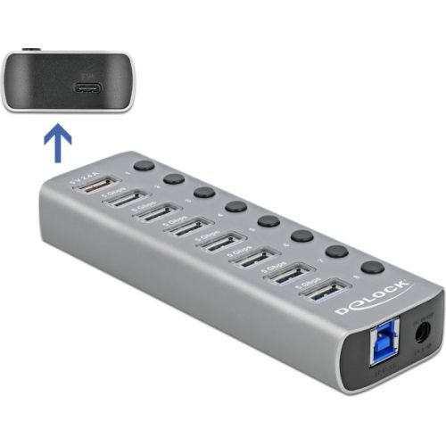 DeLOCK USB 3.2 Gen 1 Hub with 7 Ports + 1 Schnellladeport + 1 USB-C PD 3.0 Port  Gray, with switch and lighting  (63264)