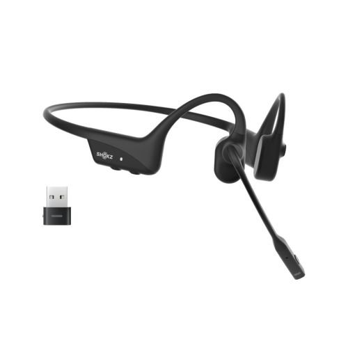 SHOKZ OpenComm2 UC 2025 Upgrade Wireless Bluetooth Bone Conduction Videoconferencing Headset with USB-C Charging Port and USB-C adapter | 16 Hr Talk Time, 29m Wireless Range, 1 Hr Charge Time | Includes Noise Cancelling Boom Mic and Dongle, Black (C120-AC