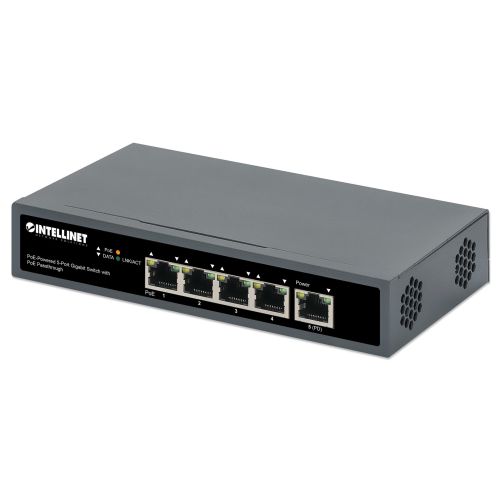 Intellinet 5-Port Gigabit Switch with PoE Passthrough, One IEEE 802.3bt (PoE++ / 4PPoE) PD PoE Port with 95 W Power Input, Four PSE PoE ports, PoE Power Budget up to 65 W, IEEE 802.3at/af Compliant Output, Desktop, Wall-mount Option (561808)