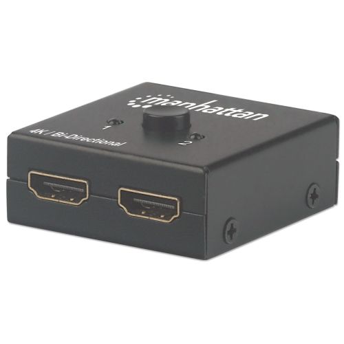 Manhattan HDMI Switch 2-Port, 4K@30Hz, Bi-Directional, Black, Displays output from x1 HDMI source to x2 HD displays (same output to both displays) or Connects x2 HDMI sources to x1 display, Manual Selection, No external power required, 3 Year Warranty (20