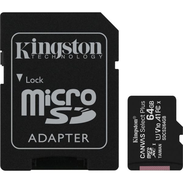 Kingston Canvas Select Plus 64 GB microSDXC black, UHS-I (U1), A1, Class 10, V10 (SDCS2/64GB) Kingston Canvas Select Plus 64 GB microSDXC black, UHS-I (U1), A1, Class 10, V10 (SDCS2/64GB)