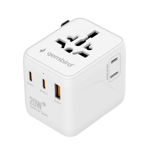 Gembird TPA-1A2C20-01-W Universal travel power adapter, 20 W, white (TPA-1A2C20-01-W)