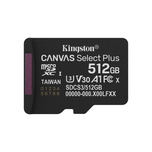 Kingston Technology 512GB microSDXC Canvas Select Plus Gen3 150MB/s A1 Card + Adapter (SDCS3/512GB)